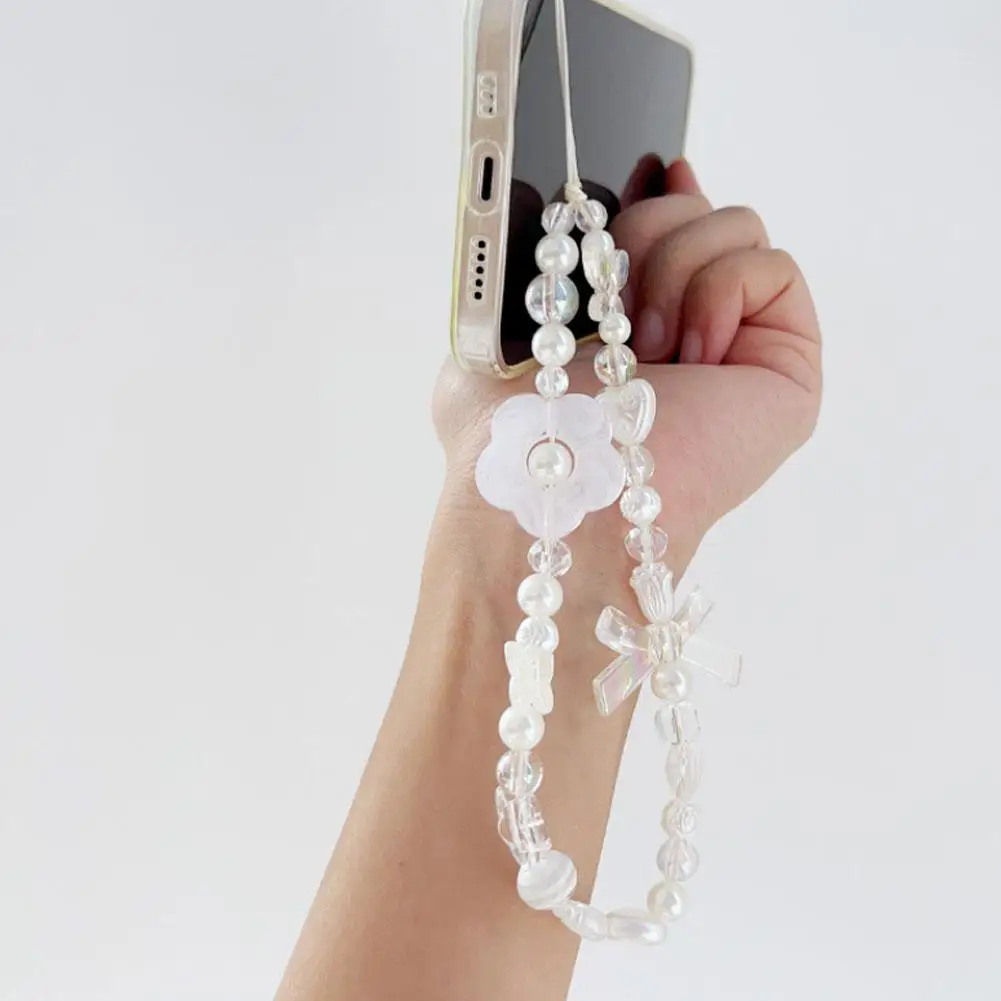 Cordón de flores de nube blanca transparente para mujer y niña, soporte de teléfono, colgante de flores, accesorios de lazo, joyería R8W8