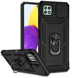 Armor Shockproof Case with Car Magnet Ring Holder and Slide Camera Lens Protector Cover - Samsung A22(5G) (Black)
