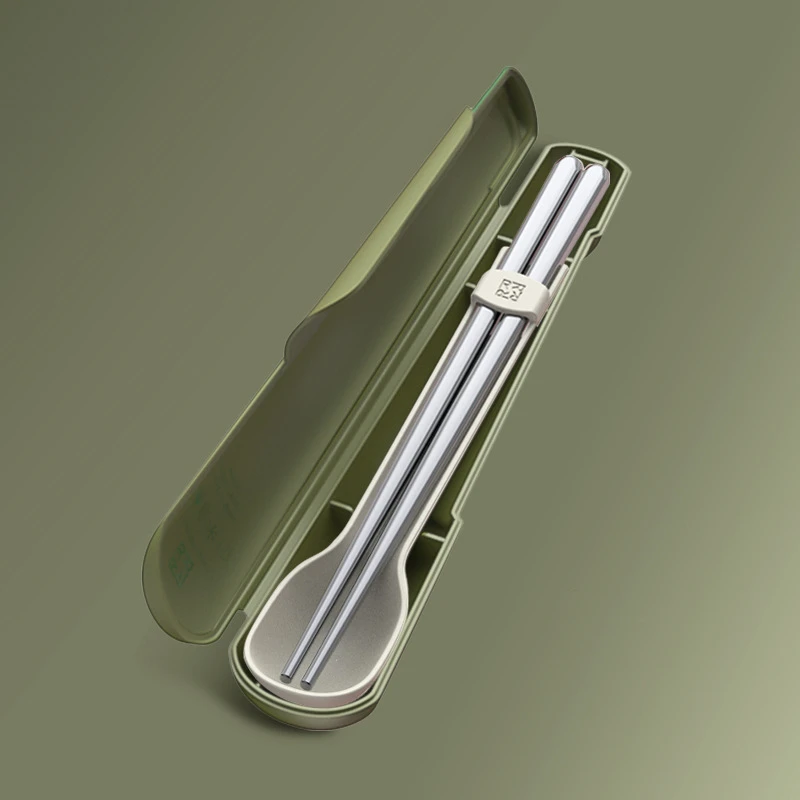 

Plastic Stainless Steel Portable Tableware Outdoor Travel Student Square Handle Spoon Chopsticks Set Home Kitchen Supplies