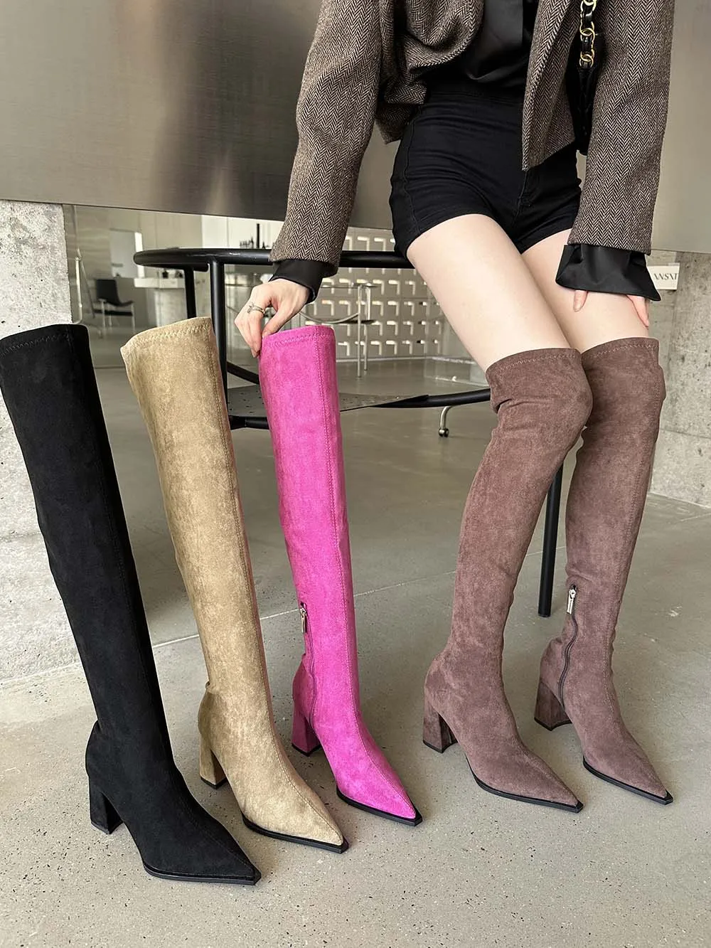 

Fashion Women Over The Knee Boots Pointed Toe Suede Flock Sock Stretch Bootie Thick High Heels Slip On Autumn Winter Party Boots