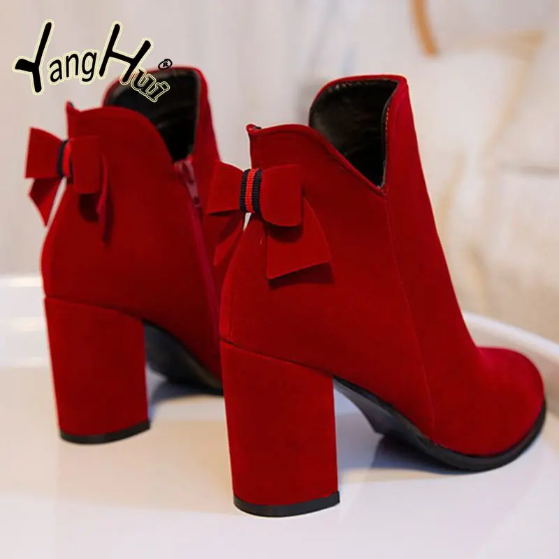 

Женская замшевая Свадебная обувь, красная ковровая дорожка, сохраняющие тепло туфли-лодочки на высоком каблуке с бантом-бабочкой, осень 2023