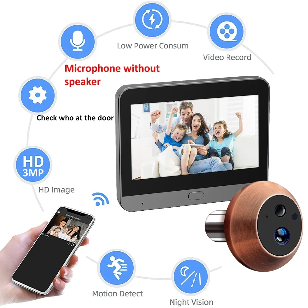 Door Peephole Camera Alexa Google Tuya Smart Life APP View 3MP Mini Digital Peephole Eye Viewer WiFi PIR Motion Infrared Night Vision