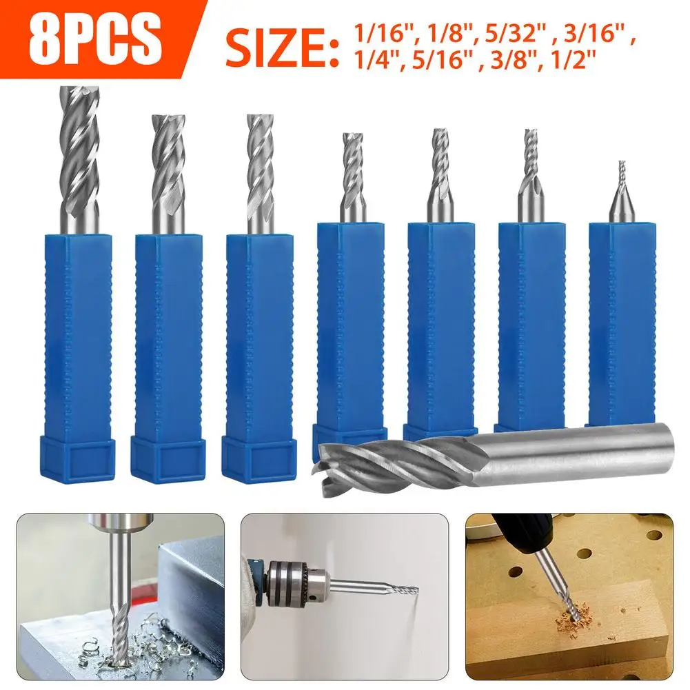 

8pcs Milling Cutter Kit 1/16"-1/2" Wear Resistant Corrosion Resistant HSS Router Rotary Bits Tool For DIY Woodworking Drill Acce