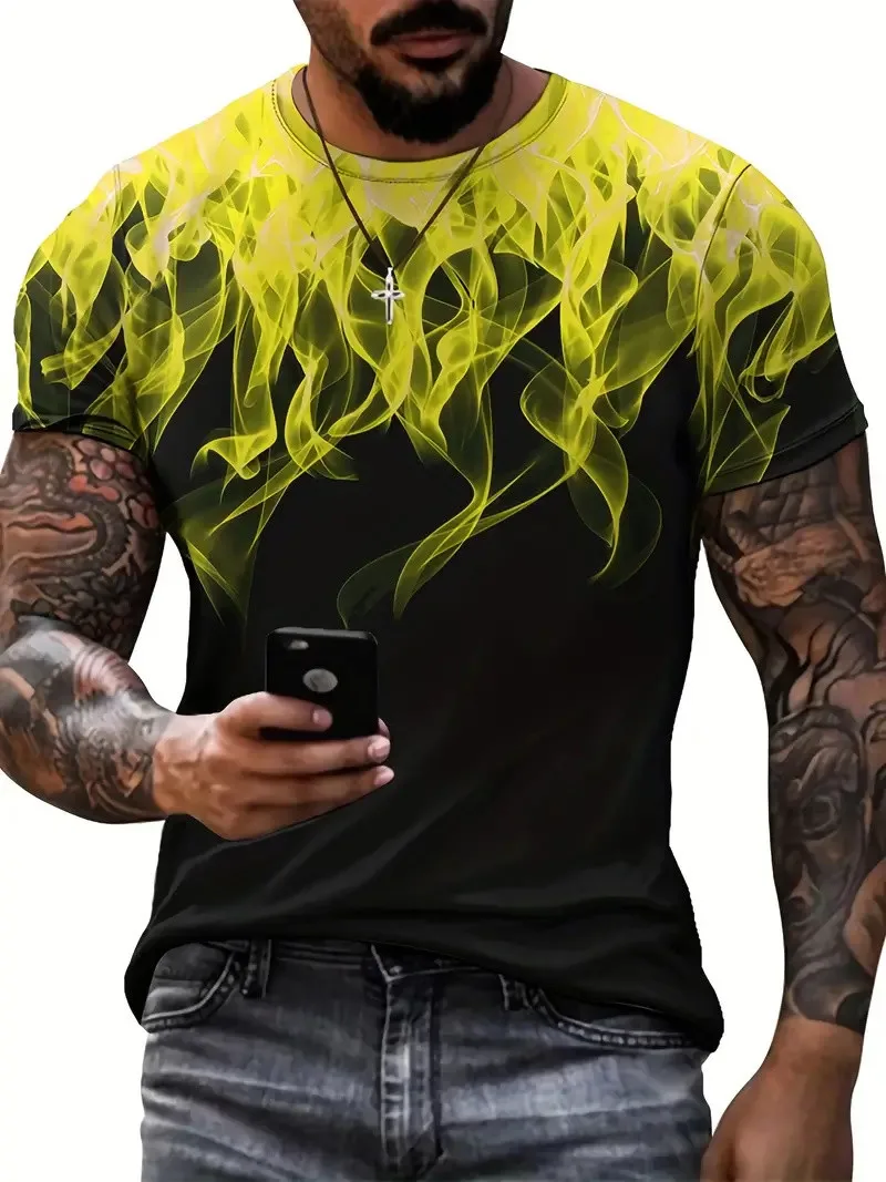 

Men's 3d Flame Pattern Print Trendy T-Shirt O Neck Short Sleeve Tops Graphic Tee Men's Clothes Summer Men's Short Sleeve Tee