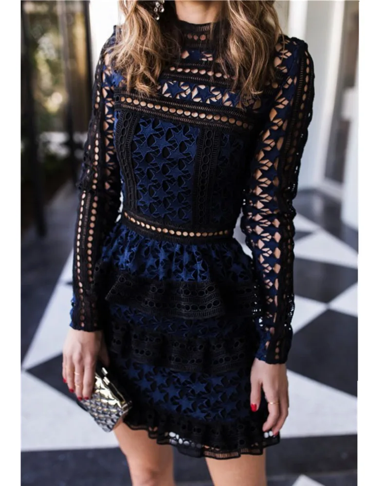 

High Quality Spring Runway Lace Hollow Out Dress Blue Long Sleeve Cupcake Dresses Vestidos