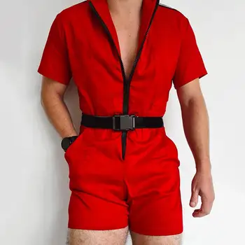 Mens Causal Solid Color Jumpsuit Fashion Male Summer Short Sleeve Zipper Overall Streetwear Slim Shorts Fine Stitching Rompers