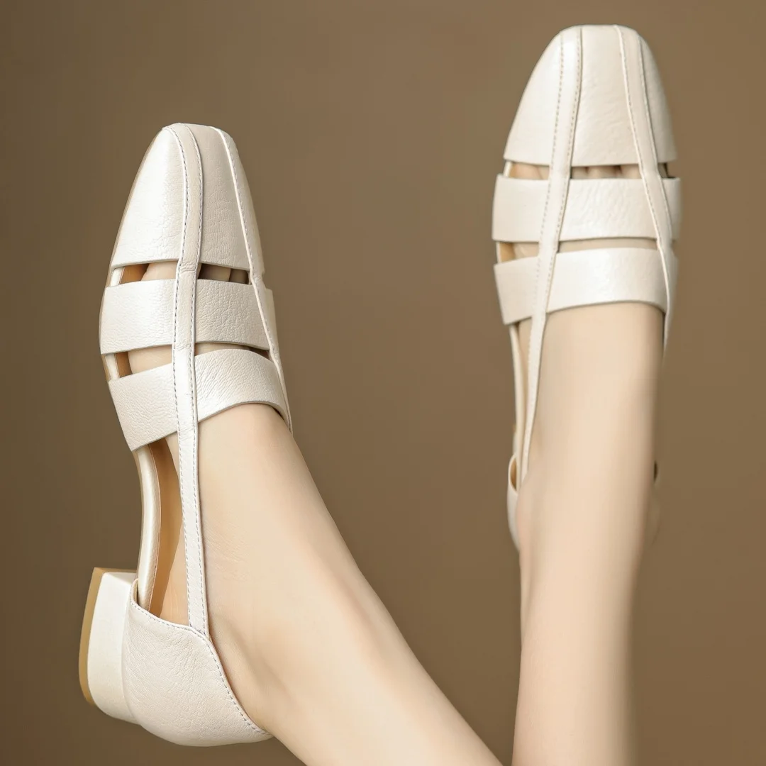 Women's sheepskin narrow band patchwork hollow-out square toe slip-on flats high quality soft comfortable casual summer shoes