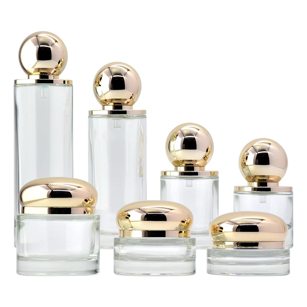 Empty Luxury Glass Cosmetic Packaging 30ml 100ml 120ml Spray Lotion Pump Bottle 30g 50g Clear Cream Jar with Gold Lid