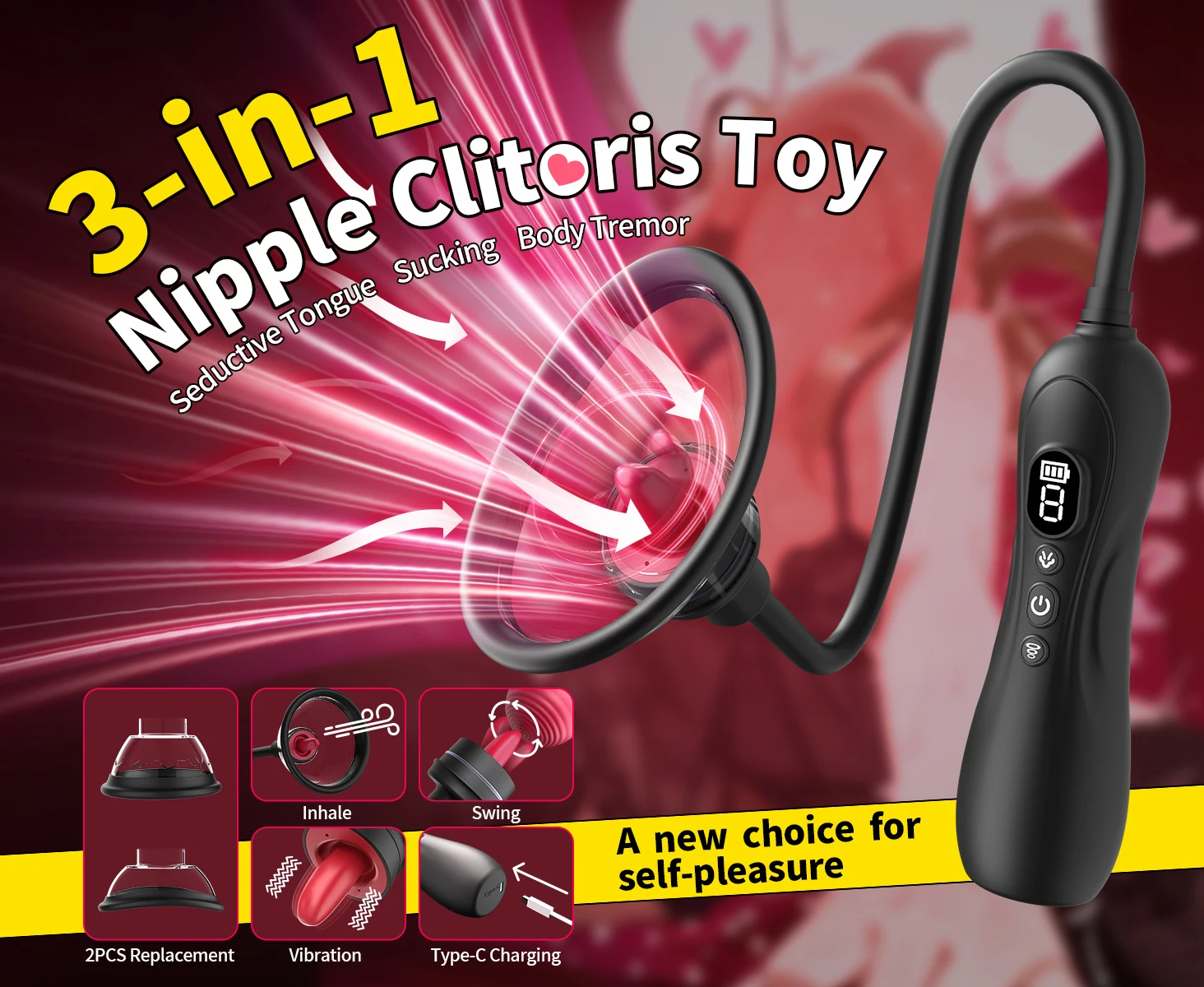 Black silicone adult wellness toy with curved flexible design and digital display