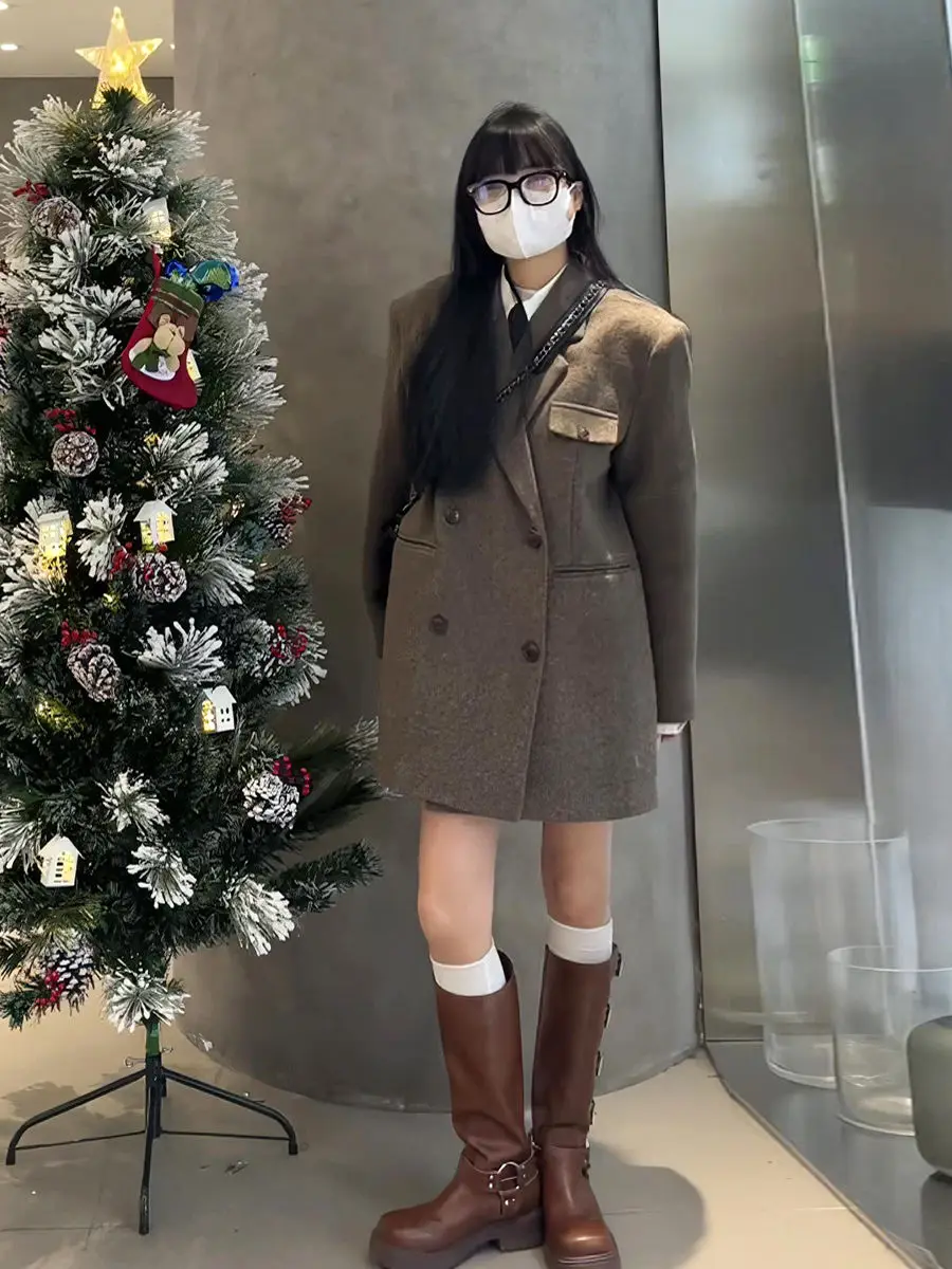 Women's Autumn/winter Cotton College Style Short Woolen Blazer Retro Casual Solid Color Loose Double Breasted Woolen Suit Jacket