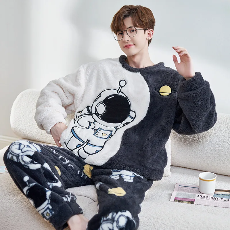 Winter Warm Long Sleeved Men's Pajamas Sets Loungewear Male Pajama Set Cartoon Sleepwear Suit Homewear Plus Size XXXXL