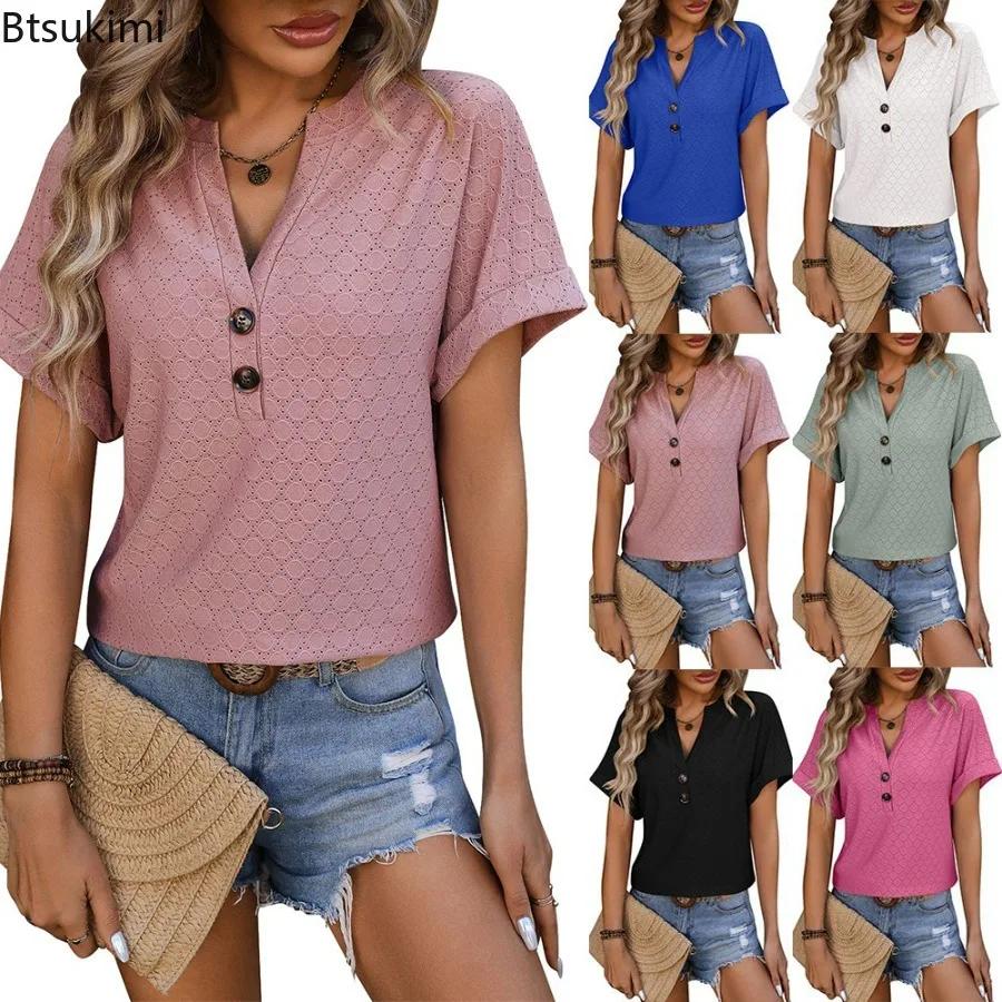 

2024 Women's Summer Casual V-Neck Button T Shirt Solid Loose Short Sleeve Top Shirts Women Fashion Blouse T Shirt For Girls Top