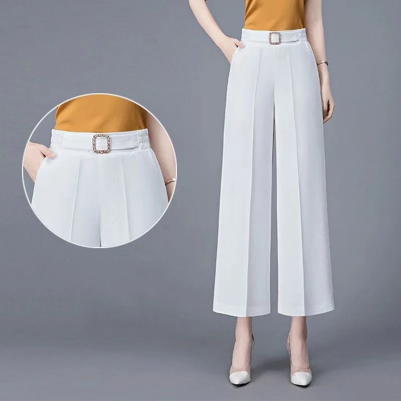 2024 Summer Women Ankle-Length Pants Milk Silk Loose Straight Leg Pants Elastic High Waist Casual Wide Leg Pants