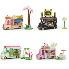 

4Pcs/Set Moving City Street Beverage Cart Shop Ice Cream Flowers Building Blocks Creative Takeaway Vehicle Bricks Toys For Kids