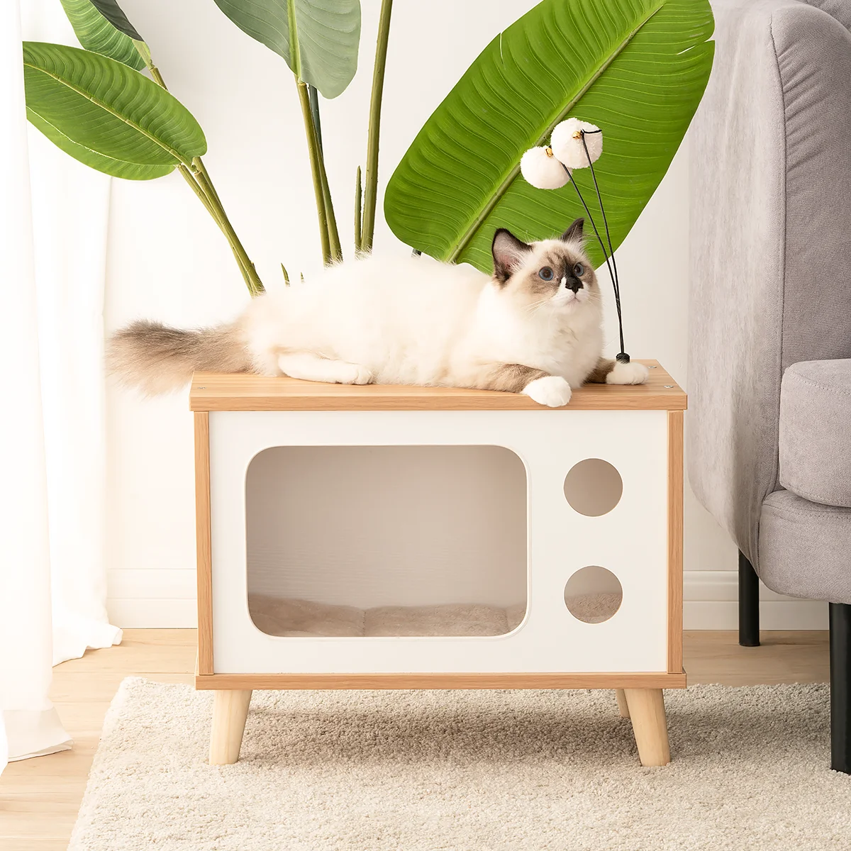 Mewoofun Cat House Wooden Condo Bed Indoor TV-Shaped Sturdy Large Luxury Cat Shelter Furniture with Cushion Cat Scratcher US 2