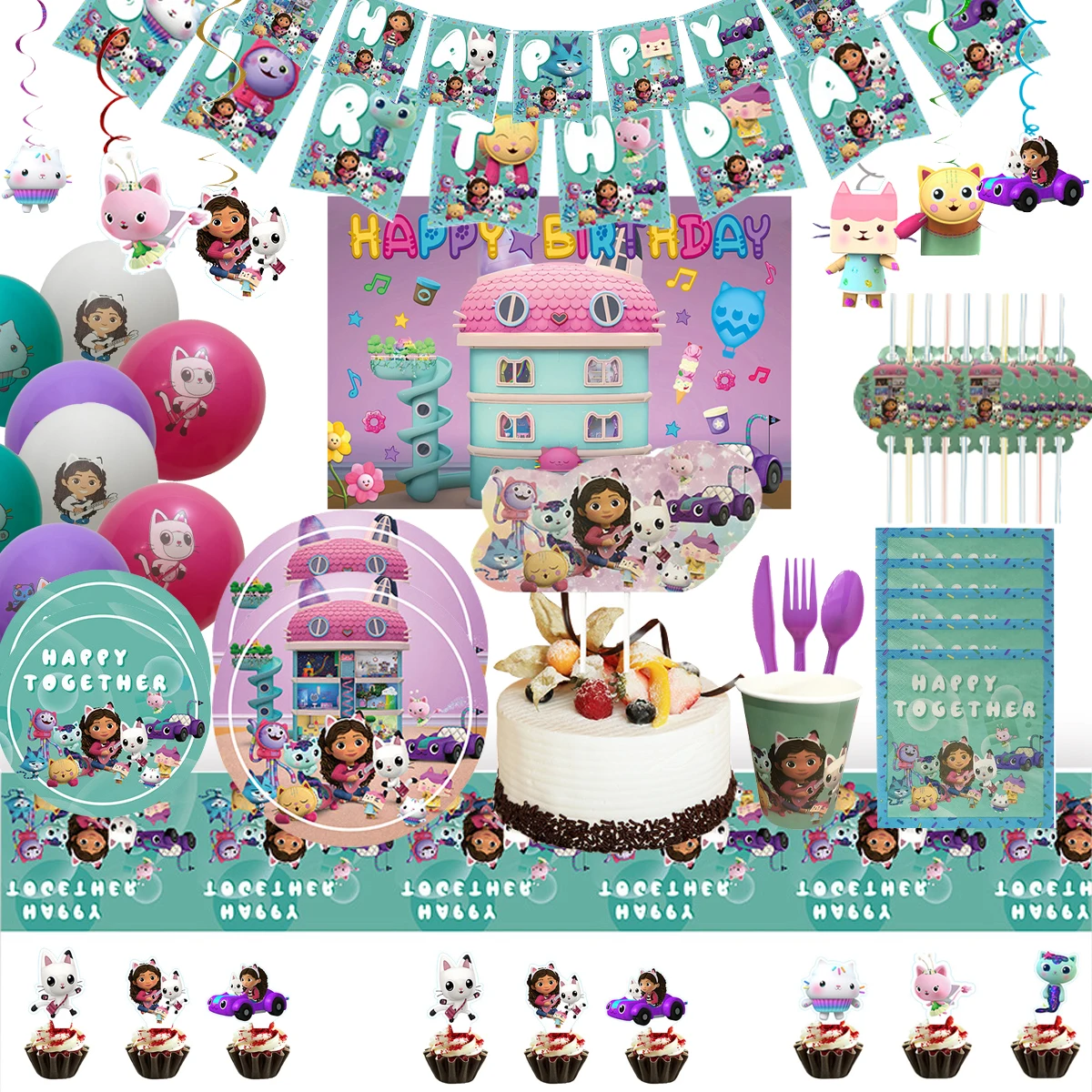 

Charm Ga-bby Dollhouse Cat Birthday Cartoon Decoration Balloon Disposable Tableware Backdrop Kids Plates Figures Party Supplies