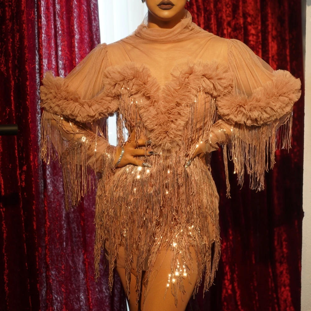 

Танцевальный костюм, с блестками и бахромой, сексуальный, сетчатый, короткий, для дня рождения, выступлений