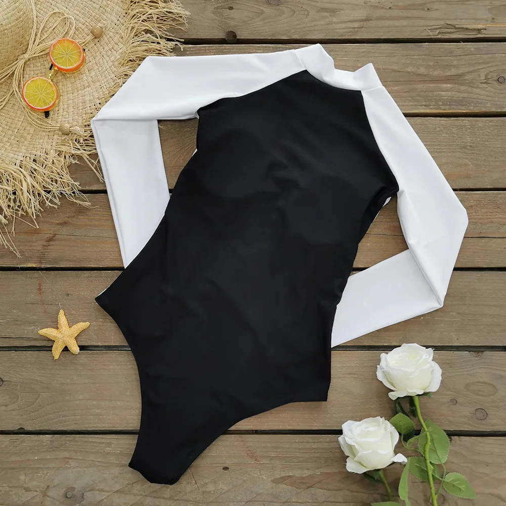 2023 New Matching Zipper Long-sleeved Surf Suit Triangle One-piece Swimsuit for Women Swimwear and Trousers Set Beachwear