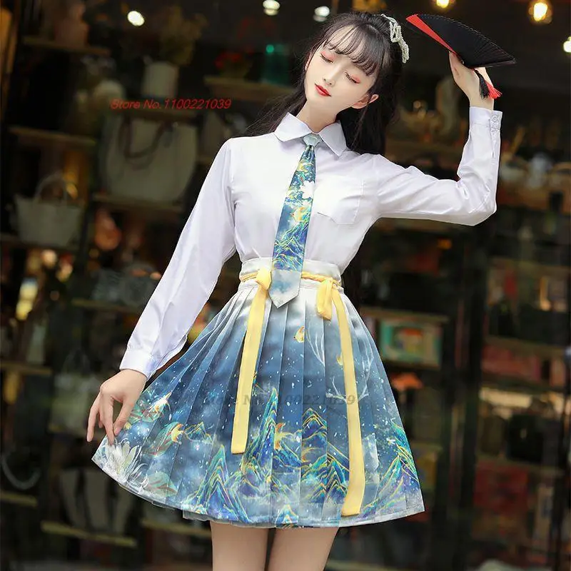 

2023 chinese vintage hanfu improved school uniform national flower print blouse+skirt college middle school high school uniform