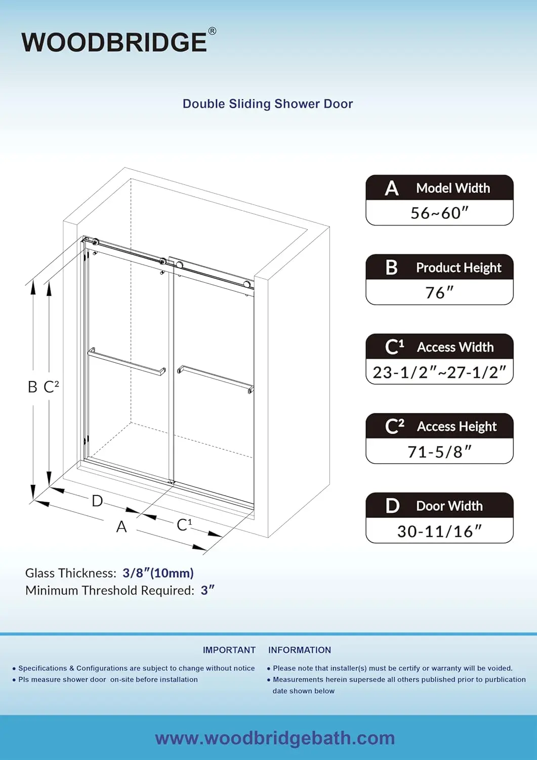 Woodbridge Frameless Sliding Shower Door, 56"" - 60"" Width, 76"" Height, 3/8"" (10 Mm) Clear Tempered Glass With Shatter 5