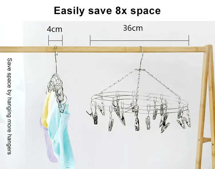 Description Picture 5 of item1pc 8-Clip Stainless Steel Sock Clothes Drying Rack with Windproof Curved Clothes Rack Multifunctional Dual-Purpose Clothes Rack