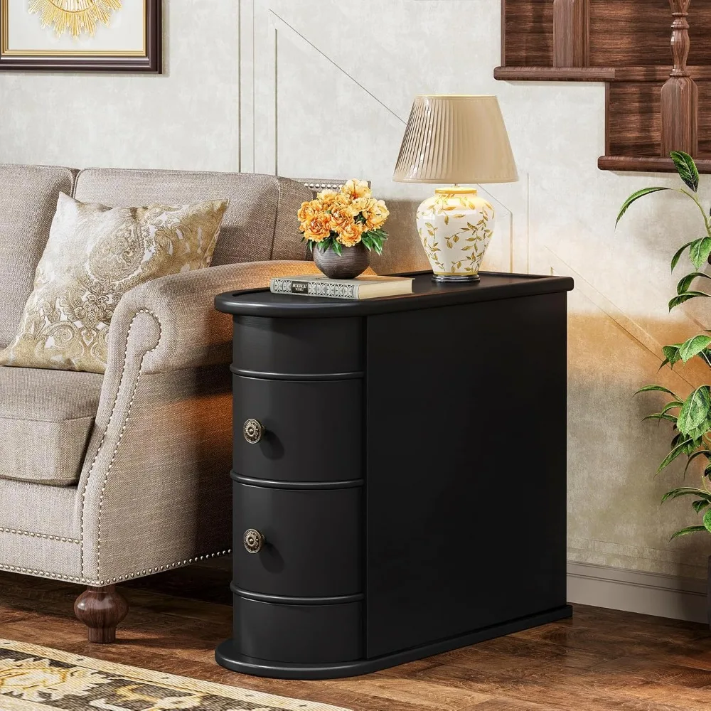 End Table with 2 Drawers, Black Sofa Side Table with Storage, No Assembly Required, Closed Back, Slim Nightstand Vintage Wood C 4