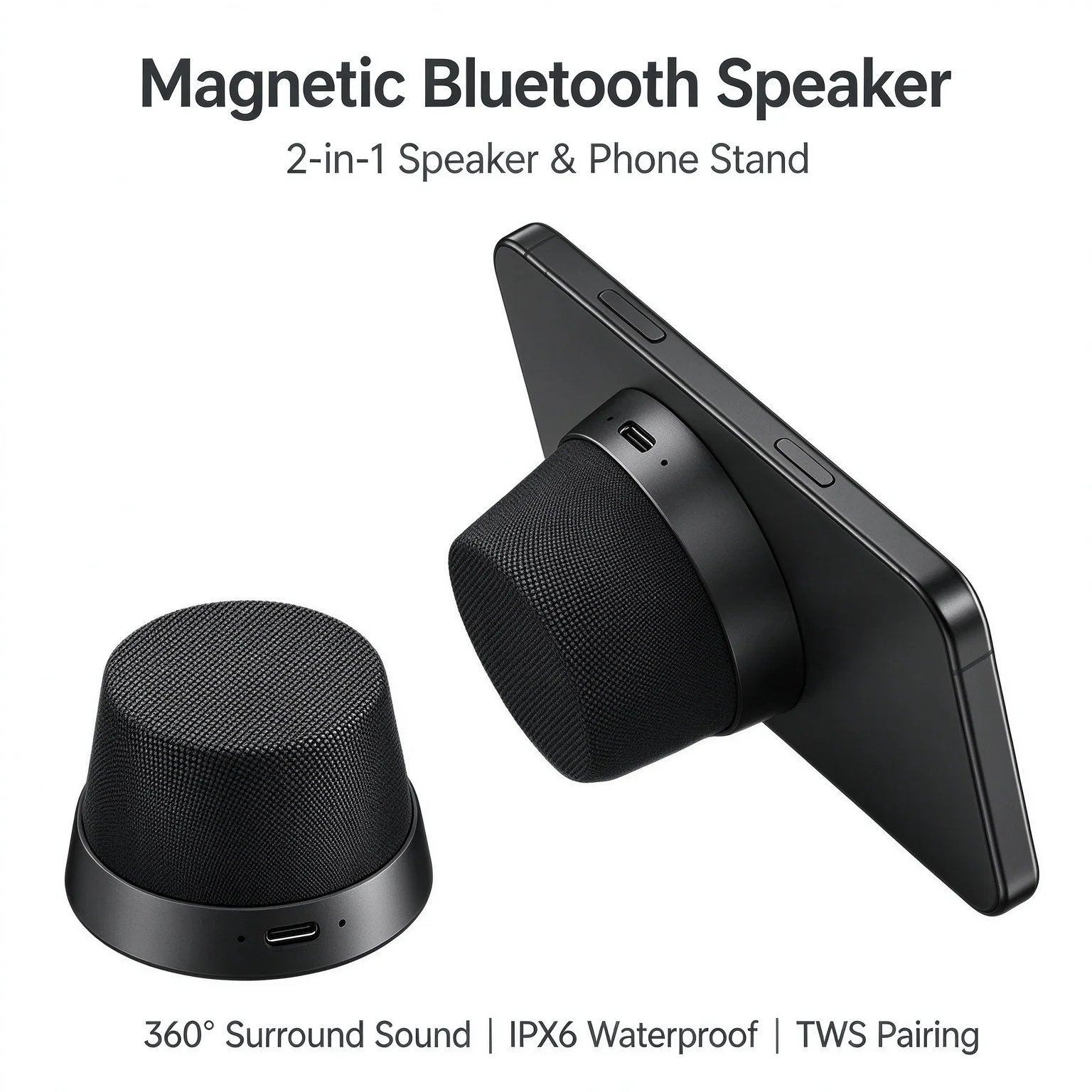 Compact Magnetic Bluetooth Speaker with Phone Stand, 360° Surround Sound, Waterproof, TWS Pairing, Portable