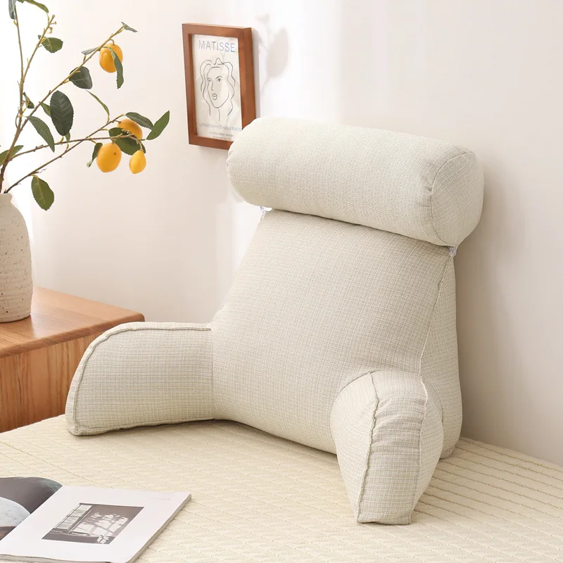 Linen Reading Pillow with Armrests and Round Pillow Pearl Cotton Inner Core Detachable Multifunctional Big Waist Pillow 