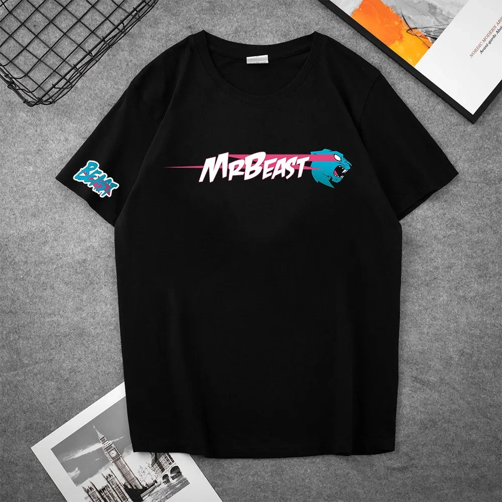 thumbnail image 1 of Camiseta de manga corta en blanco y negro de Mr Beast, de algodón de alta calidad, con cuello redondo y diseño de dibujos animados impresos para hombres y mujeres, 1 of 5
