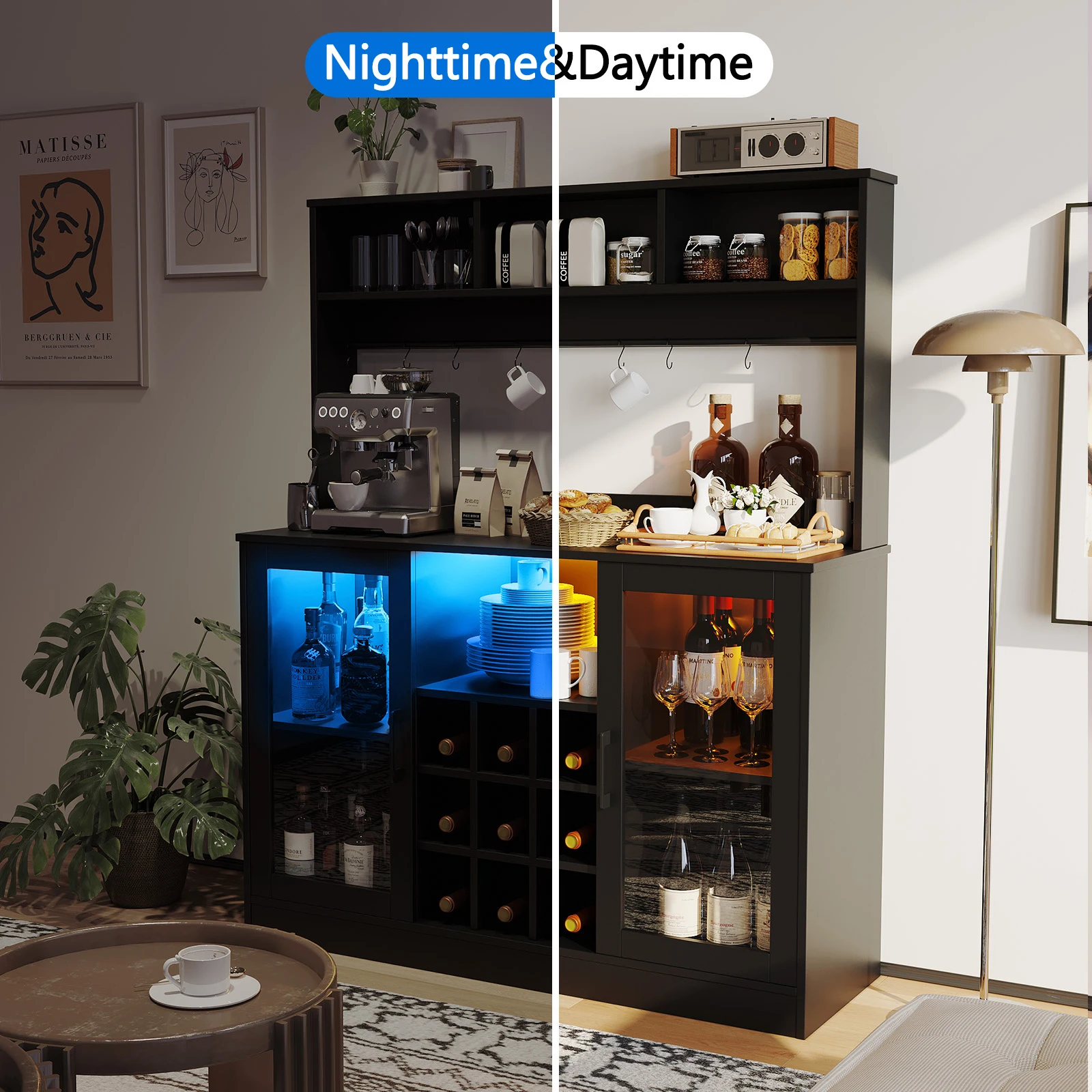 Liquor & Coffee Bar Cabinet – LED, Power Outlet, Wine & Glass Storage 5