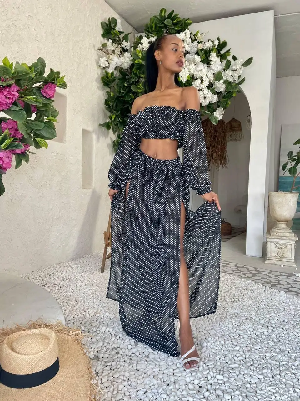 new Women's Clothing Set Off Shoulder Long Sleeve Tops and Cover Up Skirt Two-piece Suit for Travelling Beach Vacation