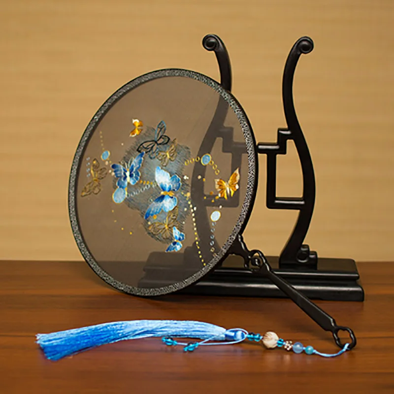 Vintage Embroidery Double-Sided Palace Round Circular Fan with Frame, Suit for Wedding Favor, Business Gift