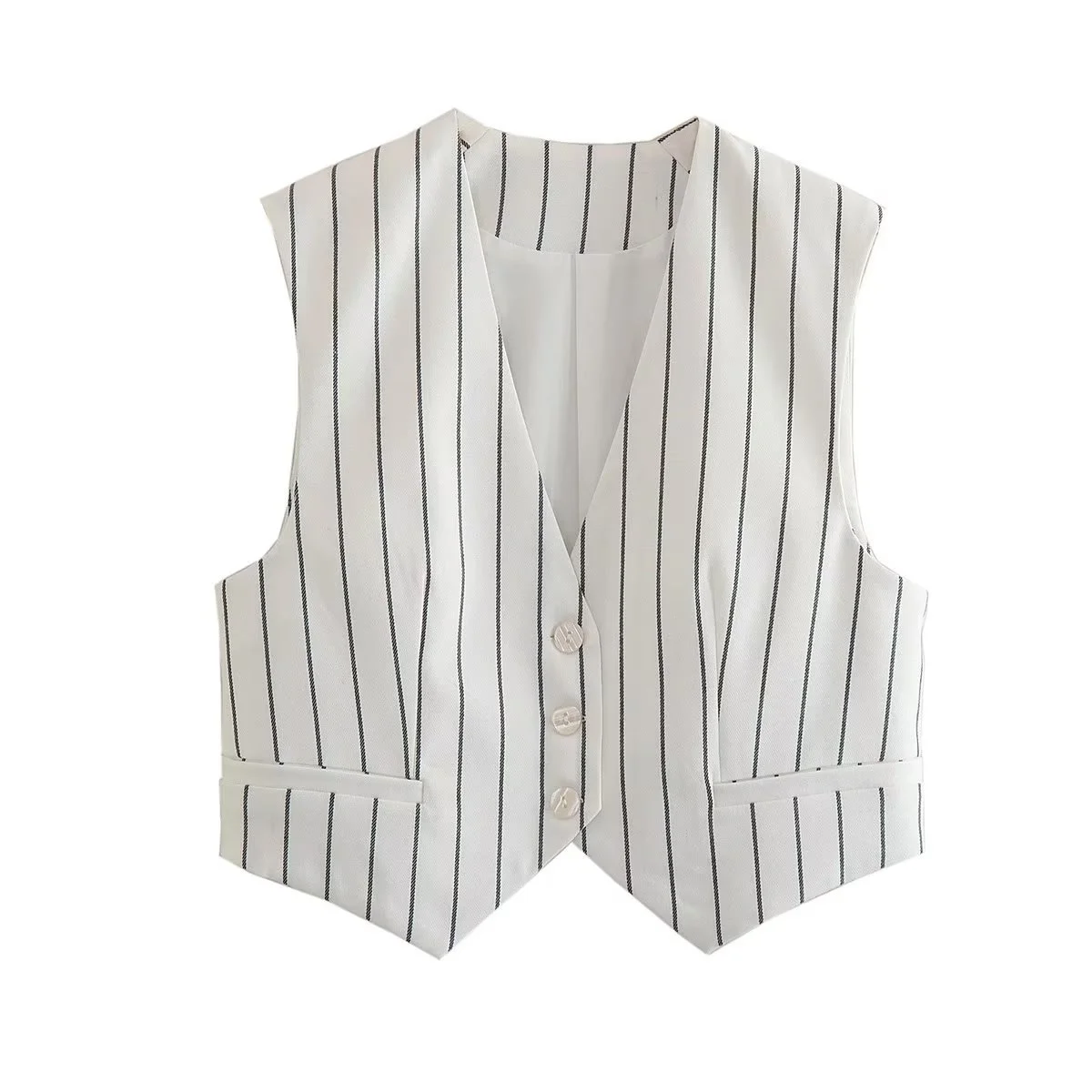 PinstripeWhiteWaistcoatVestWomenElegantSleevelessJacketChic