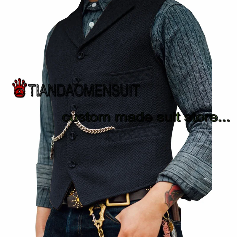 Men's Vest Herringbone Lapel Sleeveless Jacket Winter Wool Steampunk Waistcoat Formal Groom Vests colete masculino