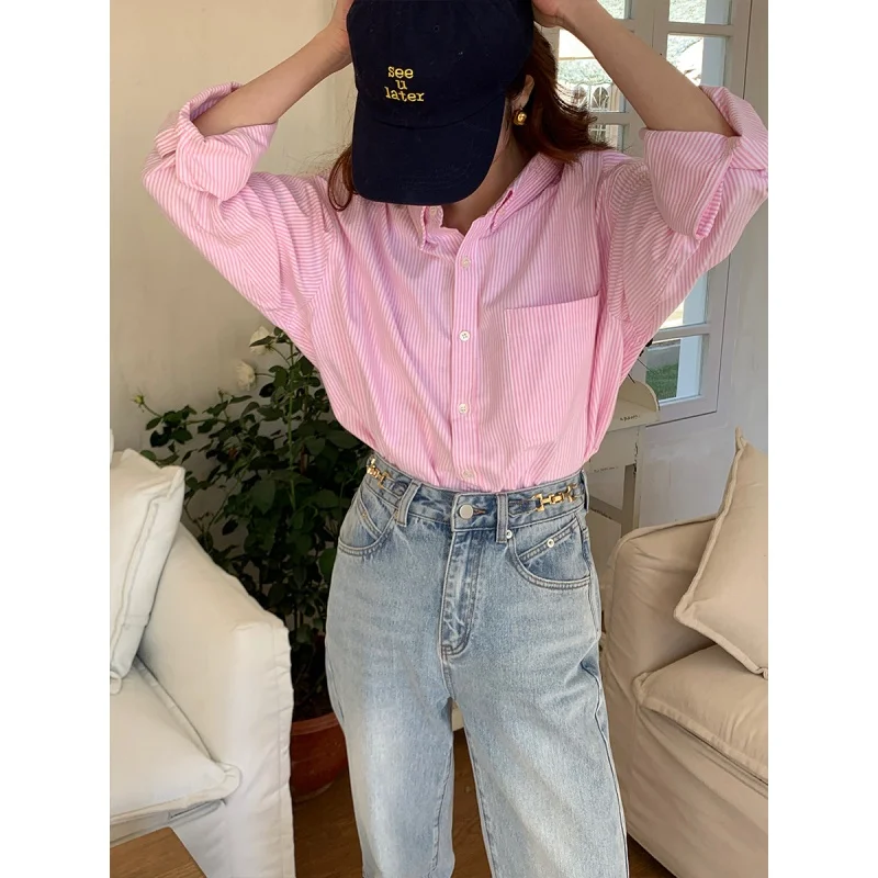 

Autumn women's Korean classic pink striped shirt basic casual lapel shirt 2023 spring long-sleeved fashion top