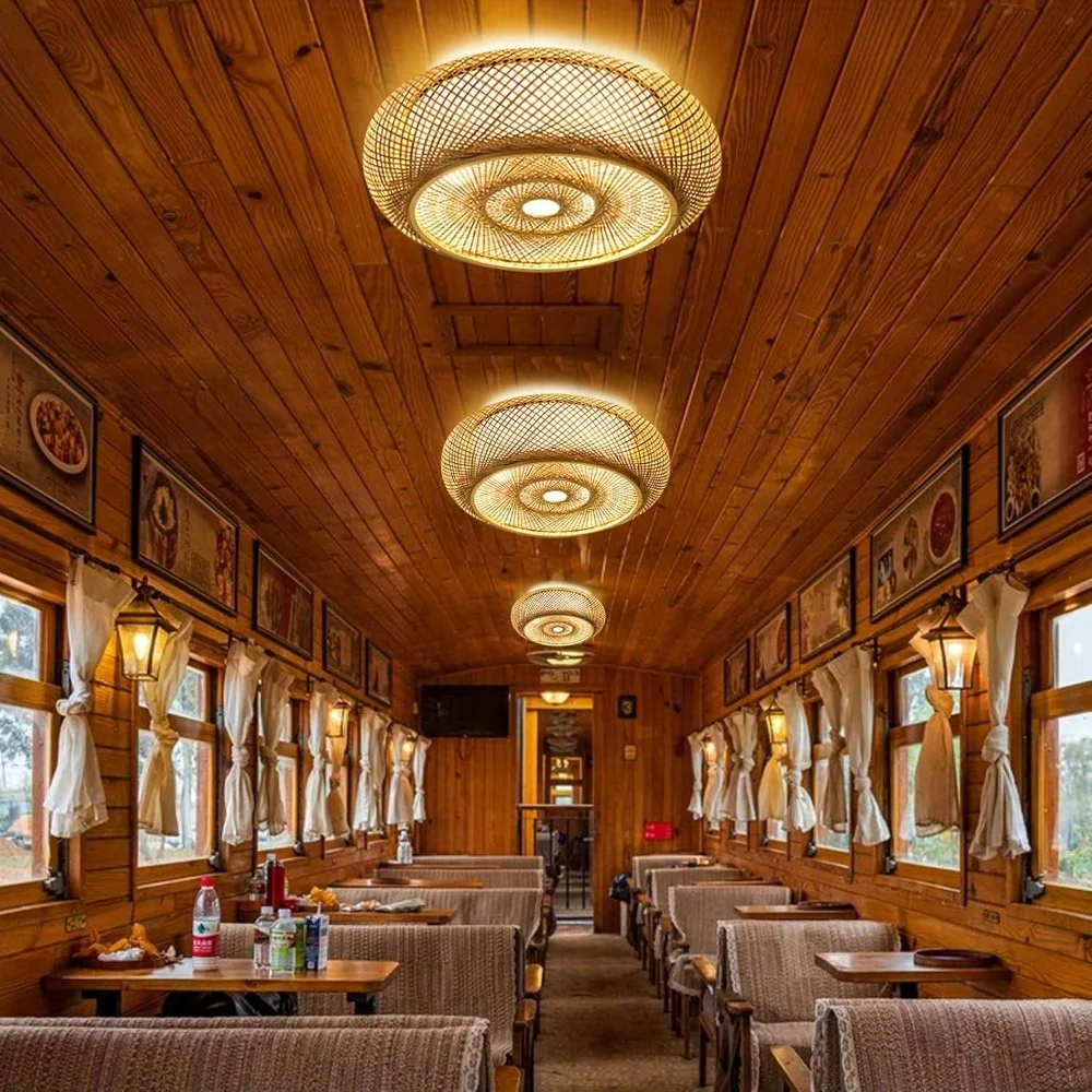 Vintage Hand-woven Bamboo Ceiling Light Wicker Light Fixtures Rattan Flush Mount Ceiling Light Traditional Home Decoration Lamps