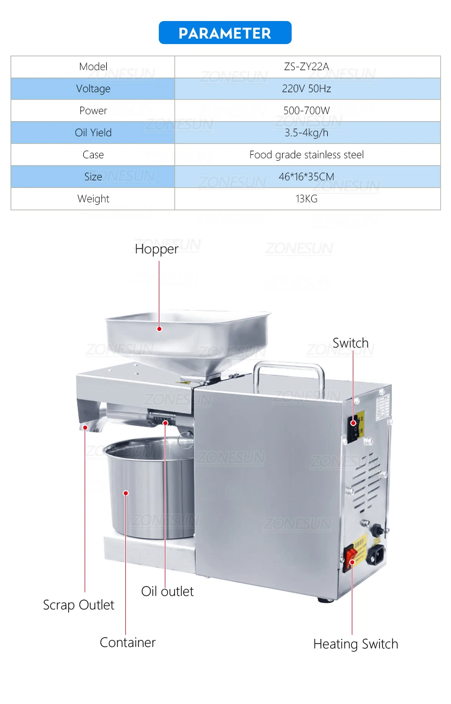 Description Picture 4 of itemZONEBAND Electric Oil Presser Extractor Kitchen Appliance Household Food Processor Grinder for Peanut Olive Sesame Linseed Nuts