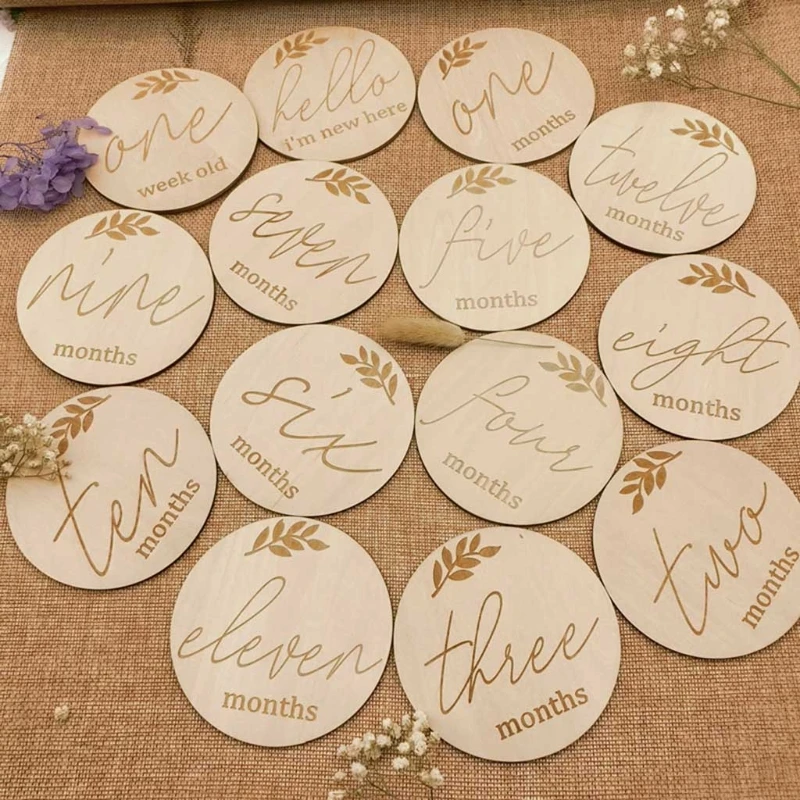

14pcs Newborn Photo Wooden Month Milestone Cards Handmade Monthly Memorial Commemorative Photo Props Baby Souvenir Stamp