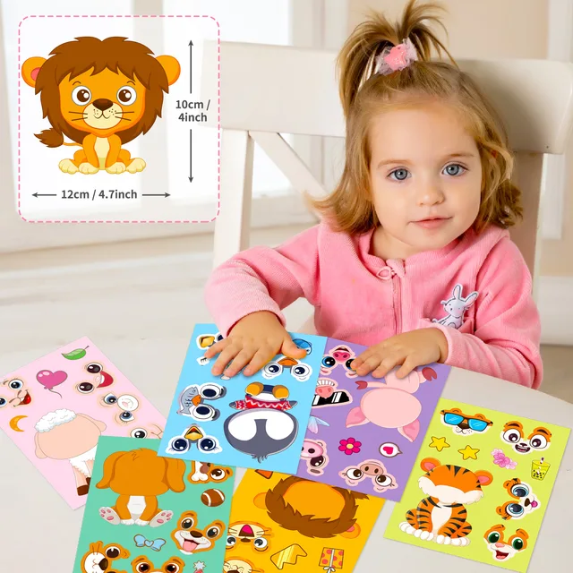 6Sheets Cute Children DIY Puzzle Sticker Games 6 Animals Make A Face Funny Assemble Jigsaw Stickers Kids Educational Toys 6