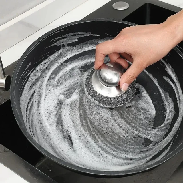 Brosse de cuisine en acier inoxydable, avec poignées, boule métallique pour la vaisselle, épurateur métallique robuste, outil de nettoyage de casserole domestique, 5/1 pièces 2