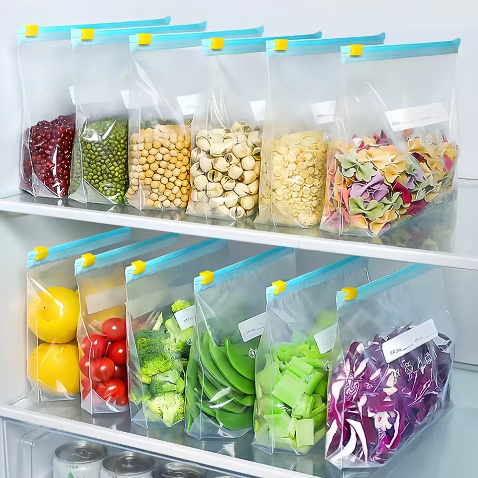 Reusable Zipper Bag Stand Up Zip Shut Plastic Freezer Bag Fruit Vegetable Ziplock Kitchen Food Storage Organizer Pouch