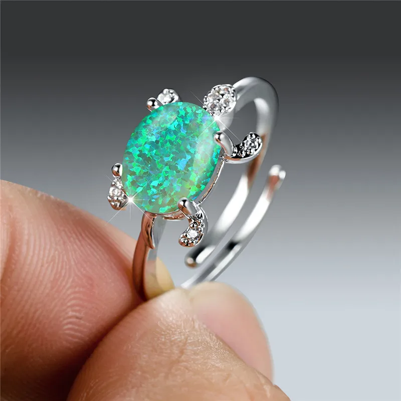 Boho Silver Color Animal Ring Big Oval Stone Sea Turtle Ring Multicolor Birthstone Open Adjustable Rings For Women Ocean Jewelry finger rings fashion rings fashion ring metal rings stone rings bohemian rings