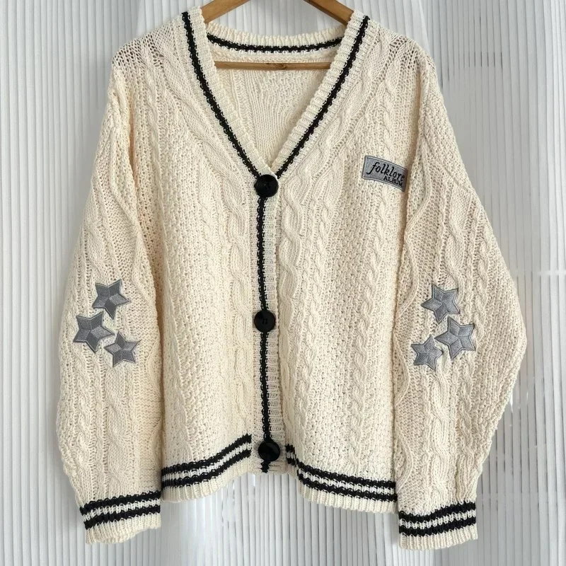 Limited Edition Folklore Cardigan Women Letter Patch Beige Knitted Cardigans with Star Embroidered Female Winter Autumn Sweaters 3