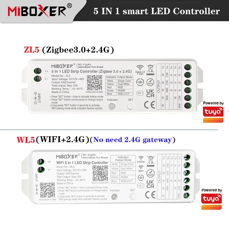 Miboxer Zigbee 3.0+.2.4G/Wifi +.2.4G 5 in 1 LED Strip tape Controller Single color/Dual white/RGB/RGBW/RGBCCT wifi thermoregulator heating and cooling dual relay temperature controller temperature and humidity instrument