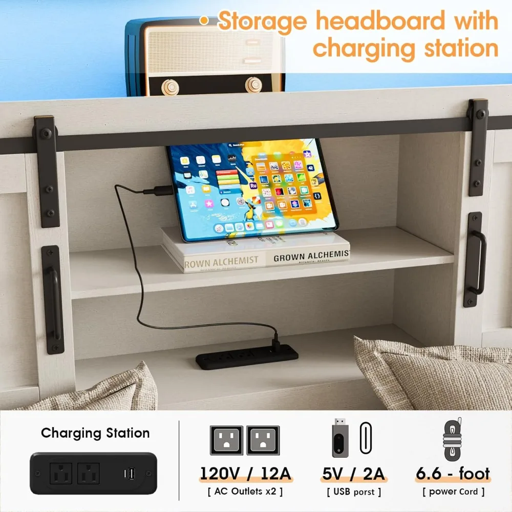 with 4 Drawers and Bookcase Headboard, Sliding Barn Door Storage Shelves, No Box Spring Needed, Beds Frames 6