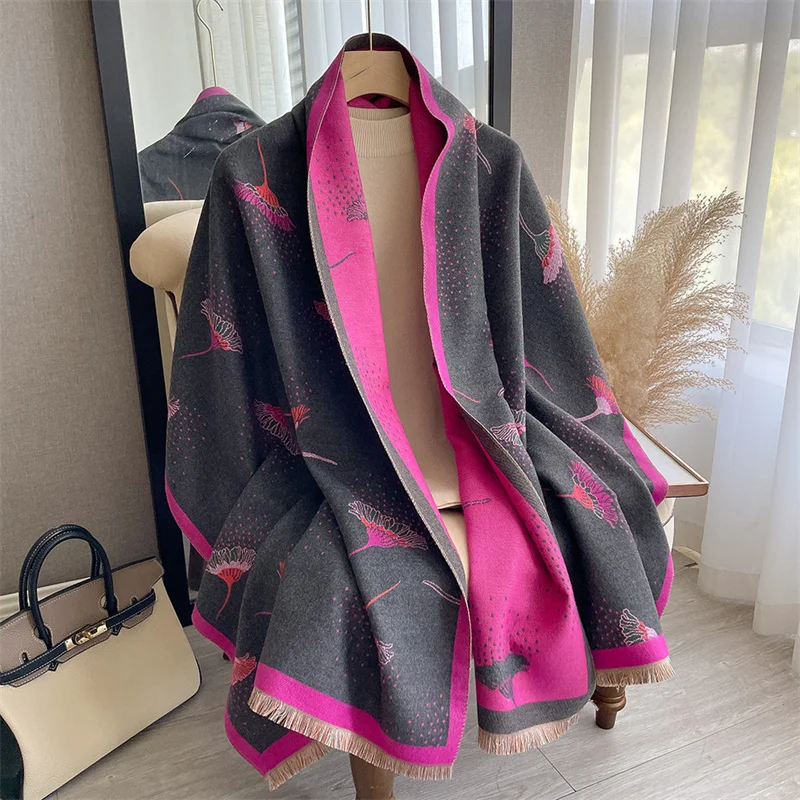

Luxury Floral Winter Cashmere Scarf for Women Design Thick Blanket Poncho Warm Pashmina Shawl Wraps Female Bufanda Echarpe 2023
