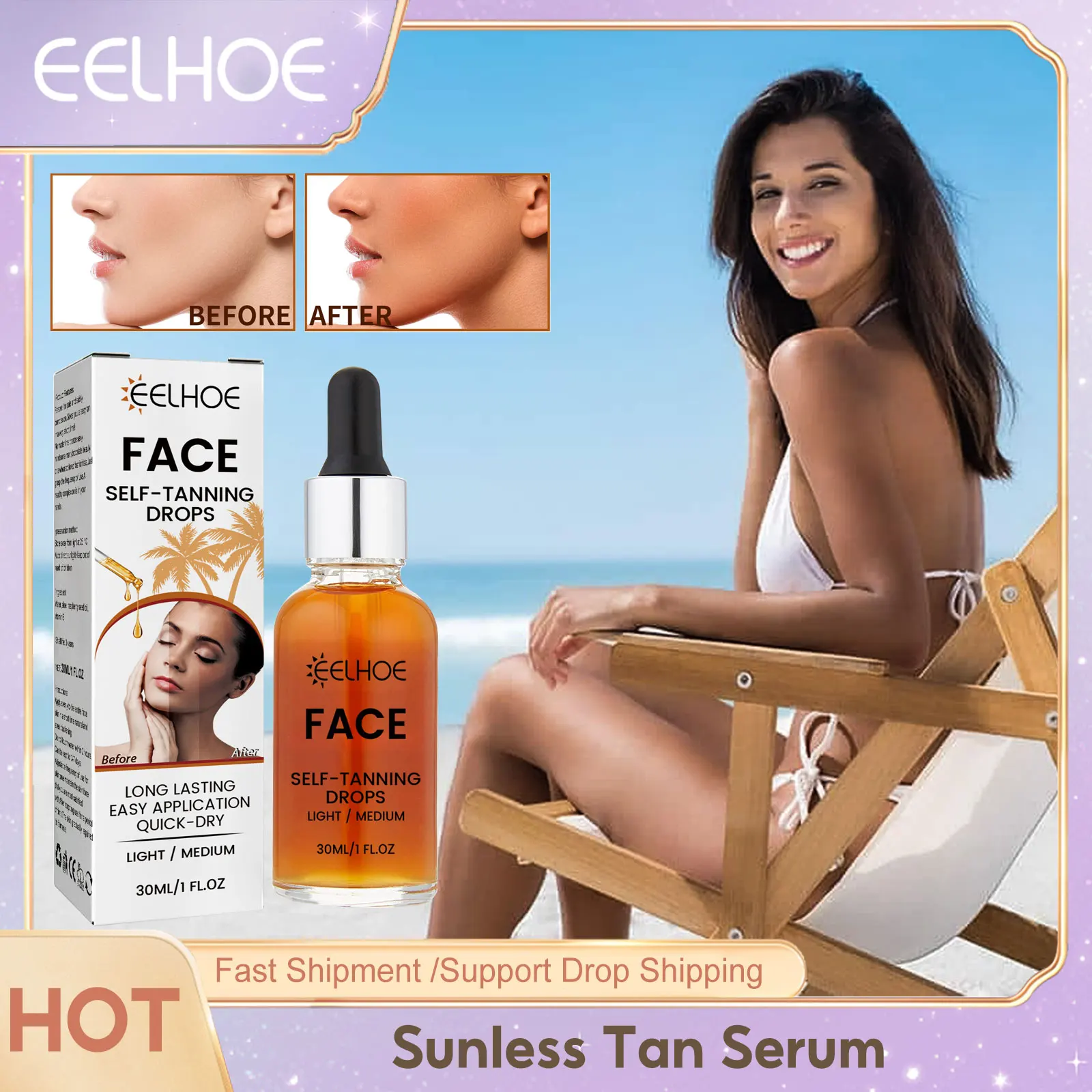 

Facial Self Tanning Drops Serum Sunless Perfect Brown Bronzers Skin Natural Moisturizing Coloring Face Wheat Complexion Essence