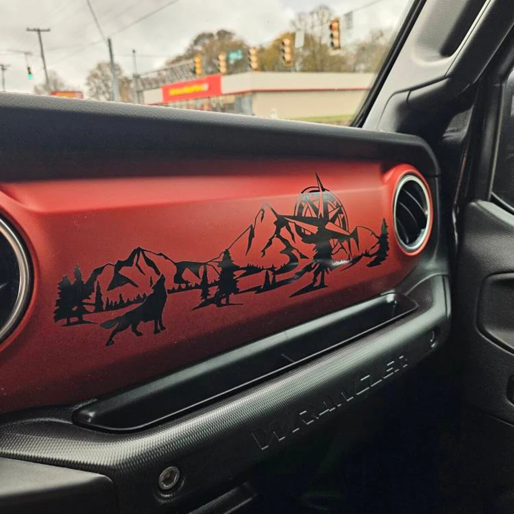 Wolf Mountain Compass Scene Dashboard Car Vinyl Decals and Stickers