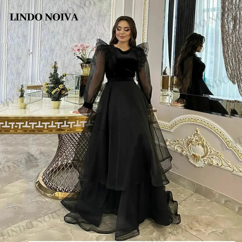 

LINDO NOIVA Выпускные платья с длинным рукавом 2023 черные многоярусные тюлевые вечерние платья принцессы женские арабские свадебные платья