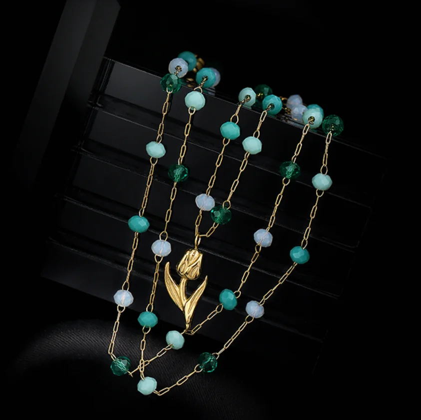 Simple tulip pendant imitation crystal titanium steel necklaces for women 2023 fashion jewelry